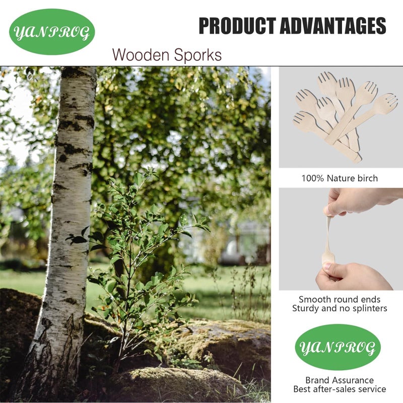 YANPROG Mini Wooden Sporks Disposable 4"" Small Wooden Forks 100 Pcs Biodegradable Compostable Birchwood Mini Forks for Parties, Weddings, Camping - Image 2